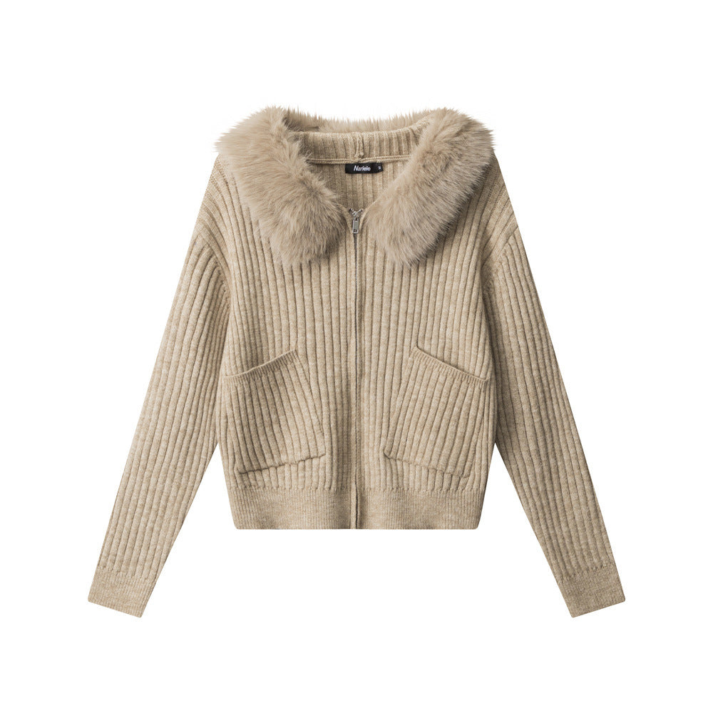 Cardigan zippé en maille côtelée avec col effet fourrure