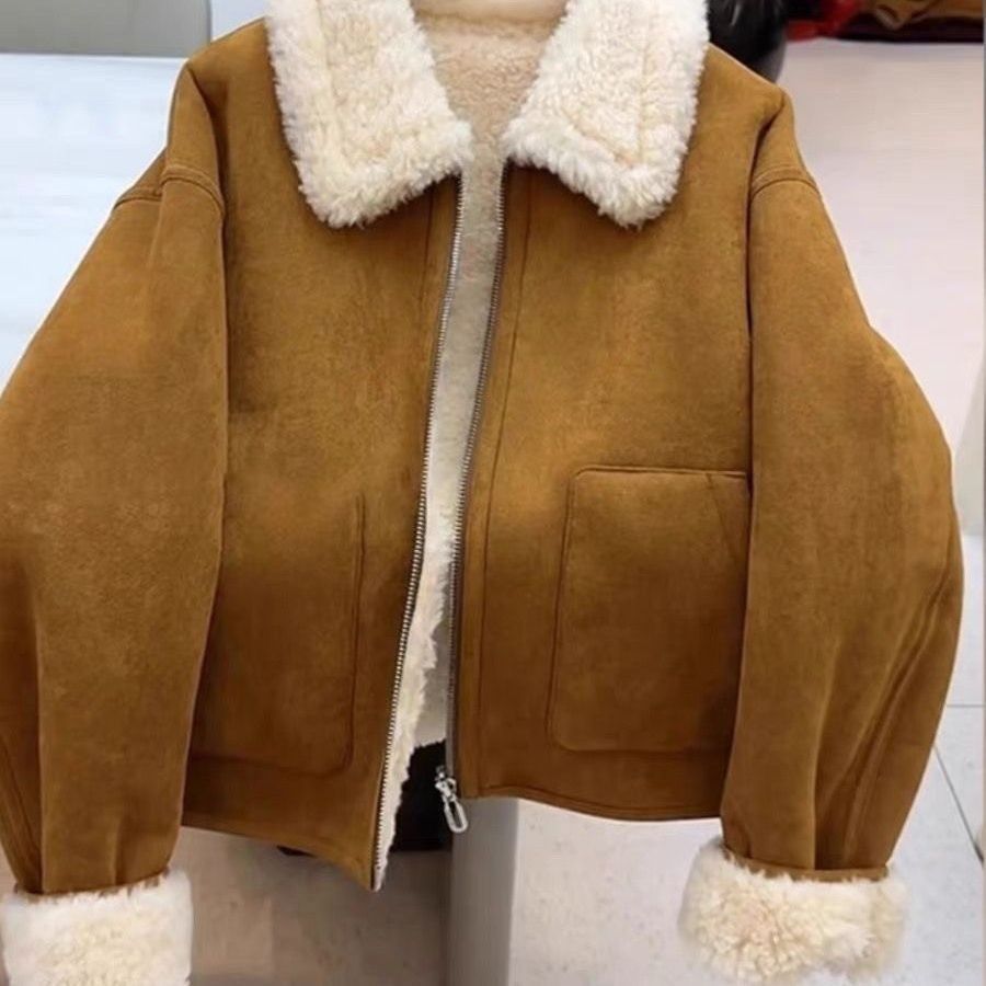 Veste courte doublée effet laine pour femme