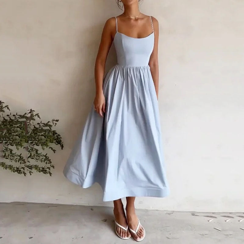Robe Midi à Bretelles Fines et Taille Froncée