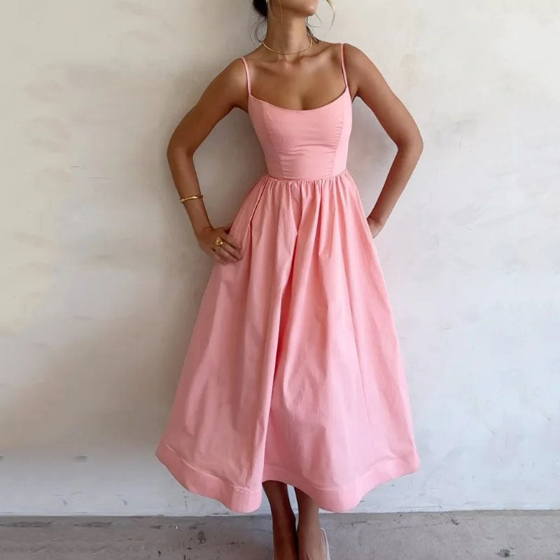 Robe Midi à Bretelles Fines et Taille Froncée