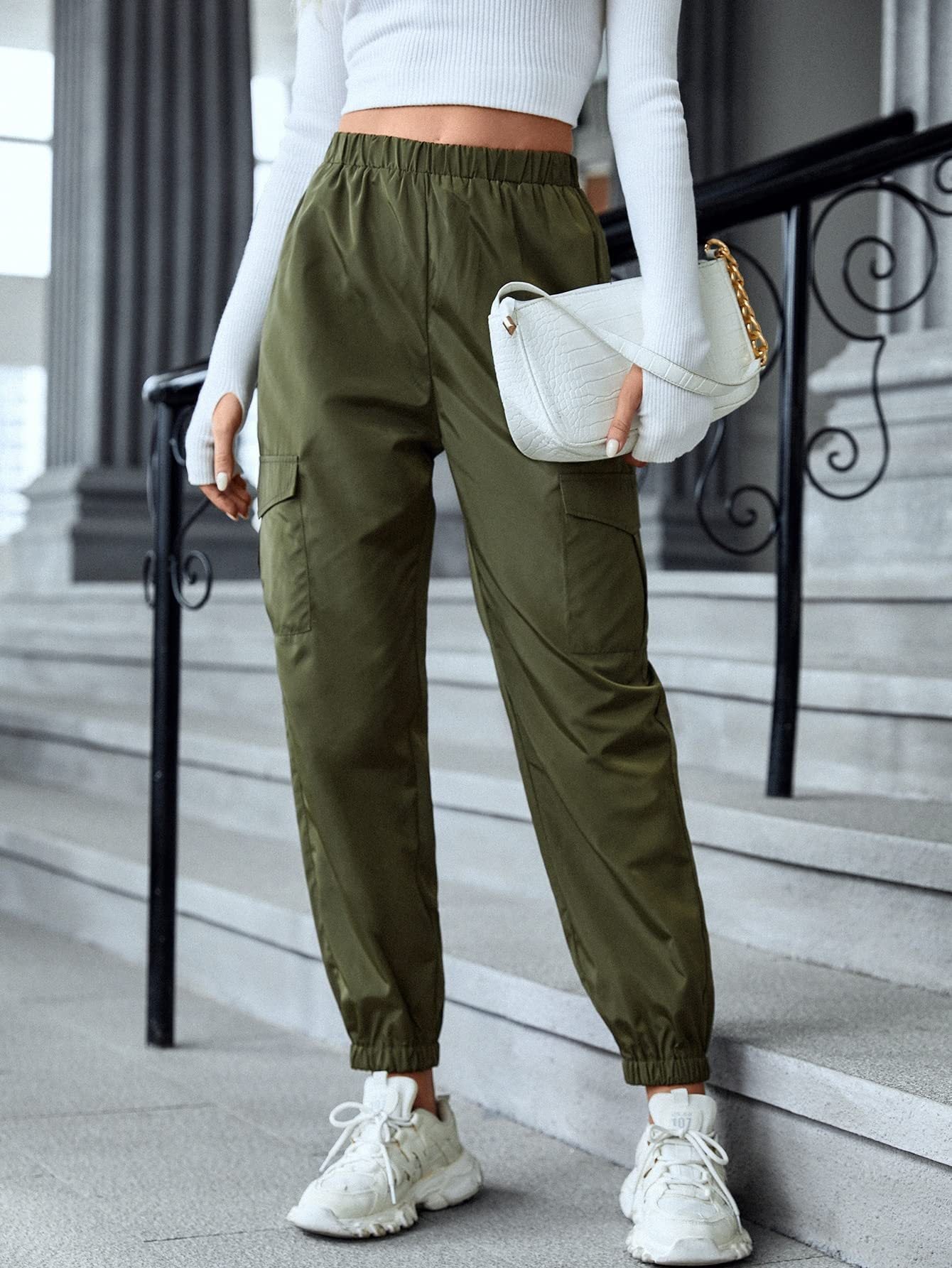 Pantalon Cargo Décontracté à Taille Élastique