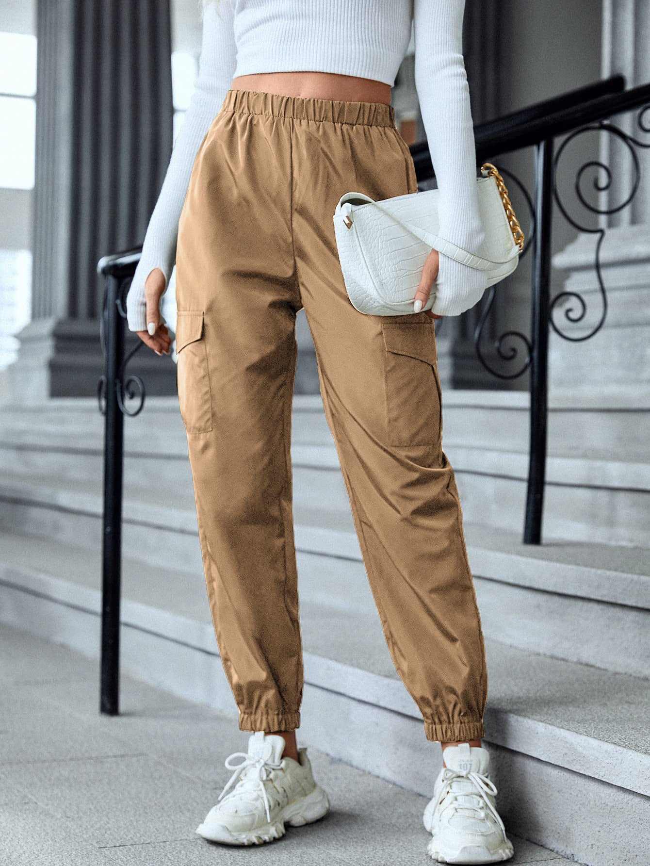 Pantalon Cargo Décontracté à Taille Élastique